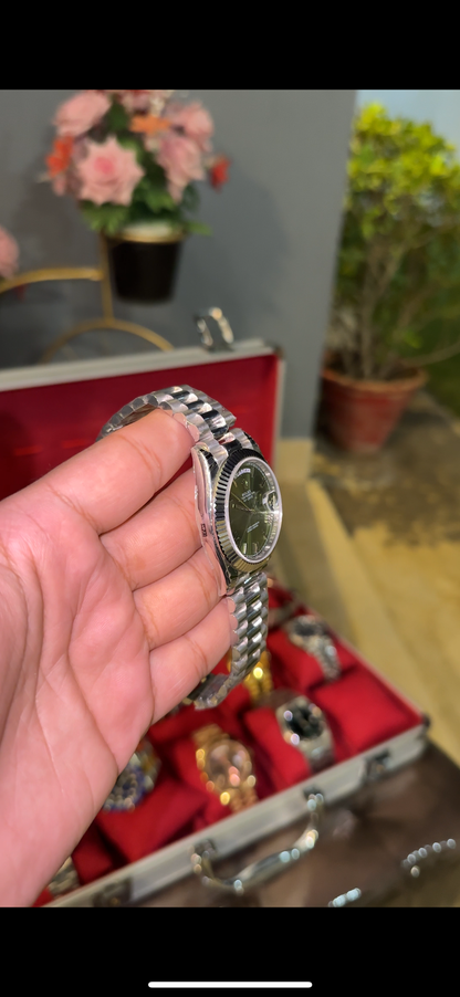 Premium Daydate  | Silver Chain | Olive Green Dial