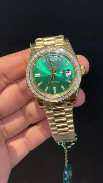 DayDate | Diamond Bezel | Gold Chain | Green Pearl Dial