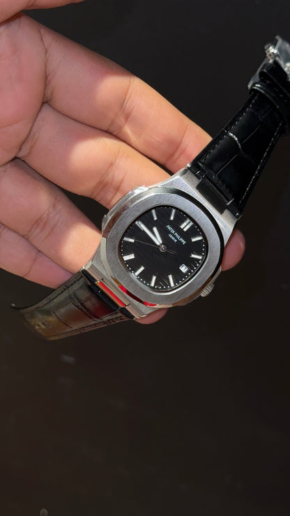 Pp Auto | Silver Bezel | Black Dial | Black Leather Strap