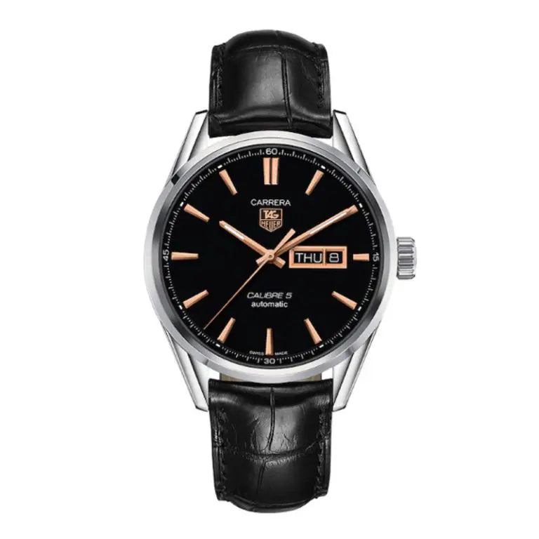 Tag Heuer Carrera Men’s Automatic Swiss Made Black Leather Strap Black Dial 41mm Watch WAR201C.FC6266 - twentyfour