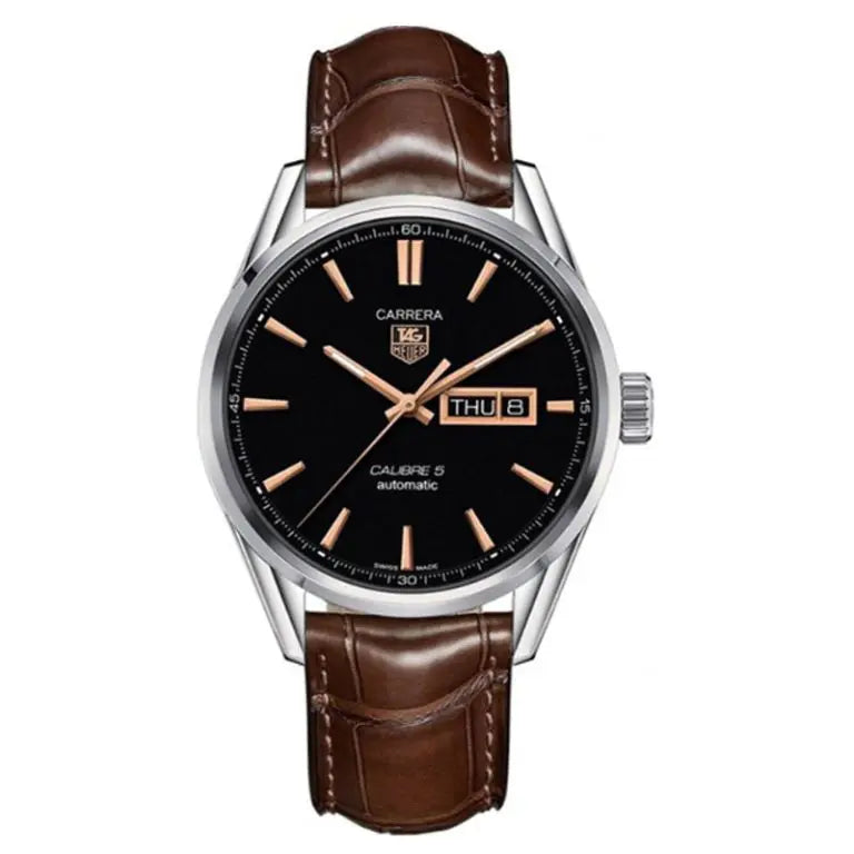 Tag Heuer Carrera Men’s Automatic Swiss Made Brown Leather Strap Black Dial 41mm Watch WAR201C.FC6291 - twentyfour