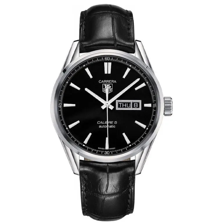 Tag Heuer Carrera Men’s Automatic Swiss Made Black Leather Strap Black Dial 41mm Watch WAR201A.FC6266 - twentyfour
