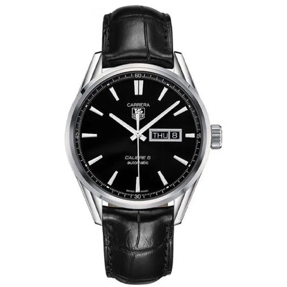 Tag Heuer Carrera Men’s Automatic Swiss Made Black Leather Strap Black Dial 41mm Watch WAR201A.FC6266 - twentyfour