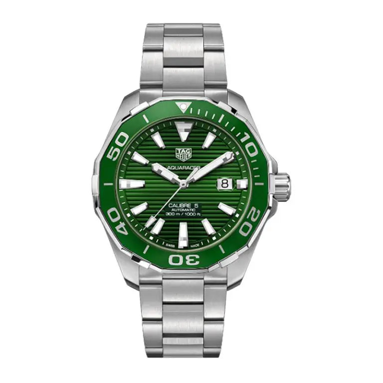 Tag Heuer Aquaracer Men’s Automatic Swiss Made Silver Stainless Steel Green Dial 43mm Watch WAY201S.BA0927 - twentyfour