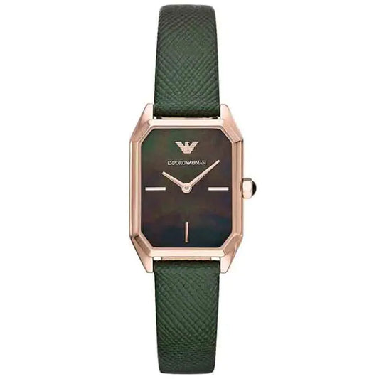 Emporio Armani Women’s Quartz Green Leather Strap Black Mother of Pearl Dial 24mm Watch AR 11149