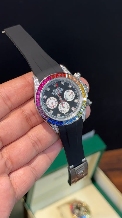Daytona Silver | Rainbow Diamond Case | Black Pvc Strap | Diamond Digit | Chrono | Black Dial