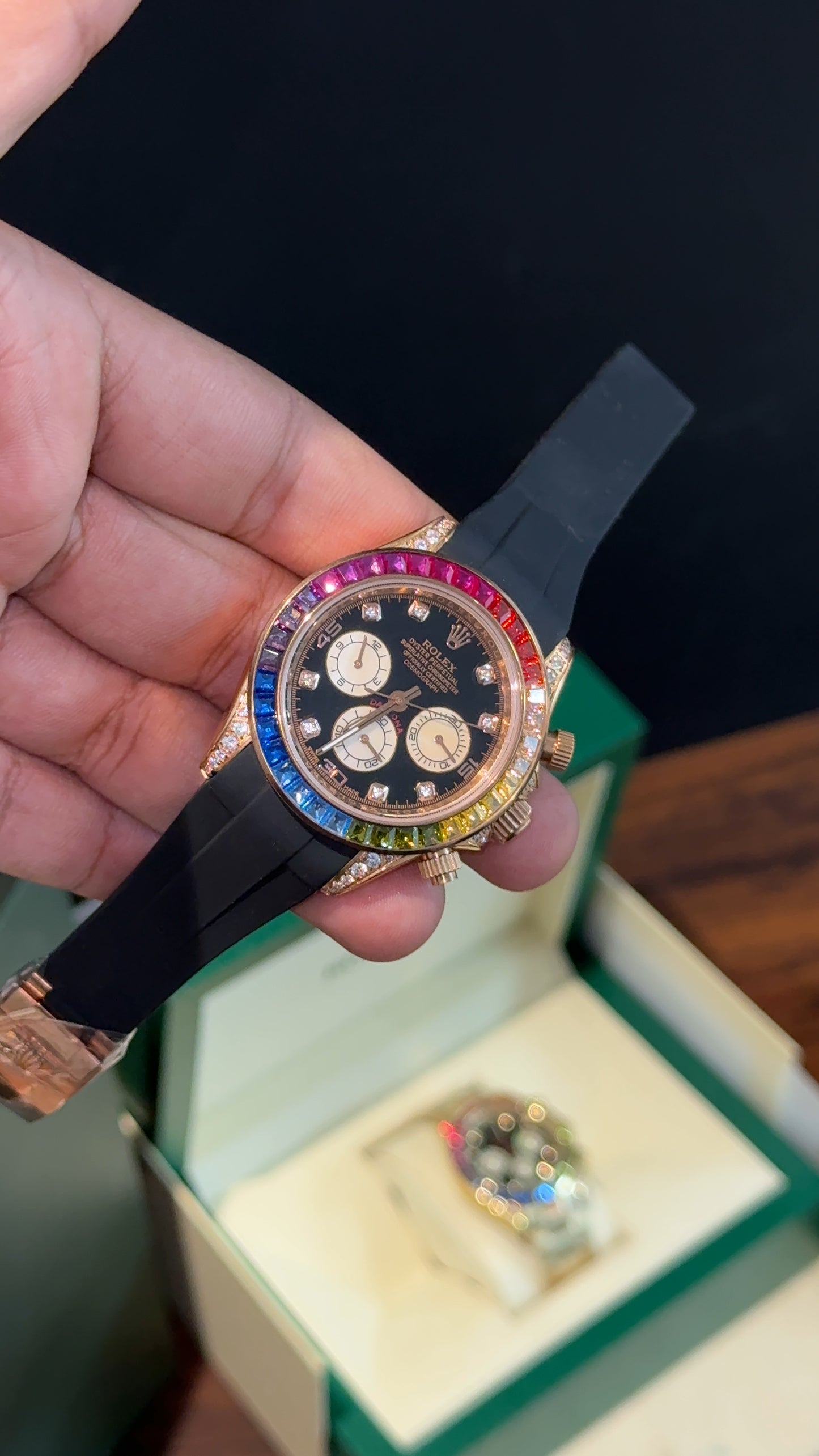Daytona Rose | Rainbow Diamond Case | Black Pvc Strap | Diamond Digit | Chrono | Black Dial