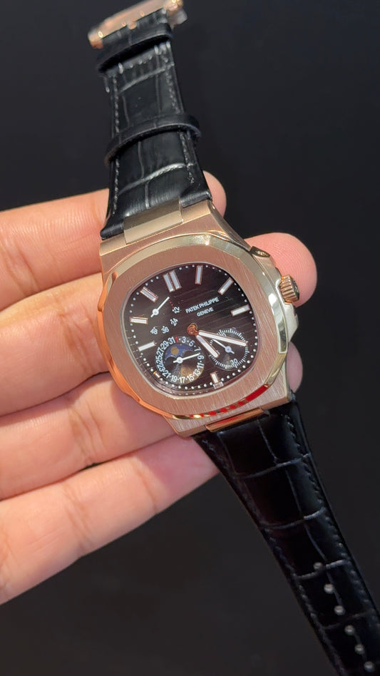 Pp Auto | Rose Case | Black Strap | Moonphase | Sub Black Dial