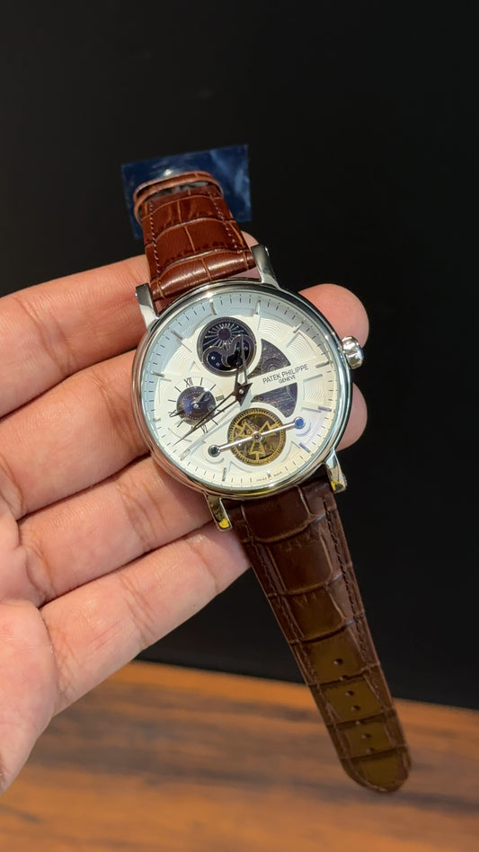 Pp Auto | Skeleton Machine | Brown leather strap | White Dial