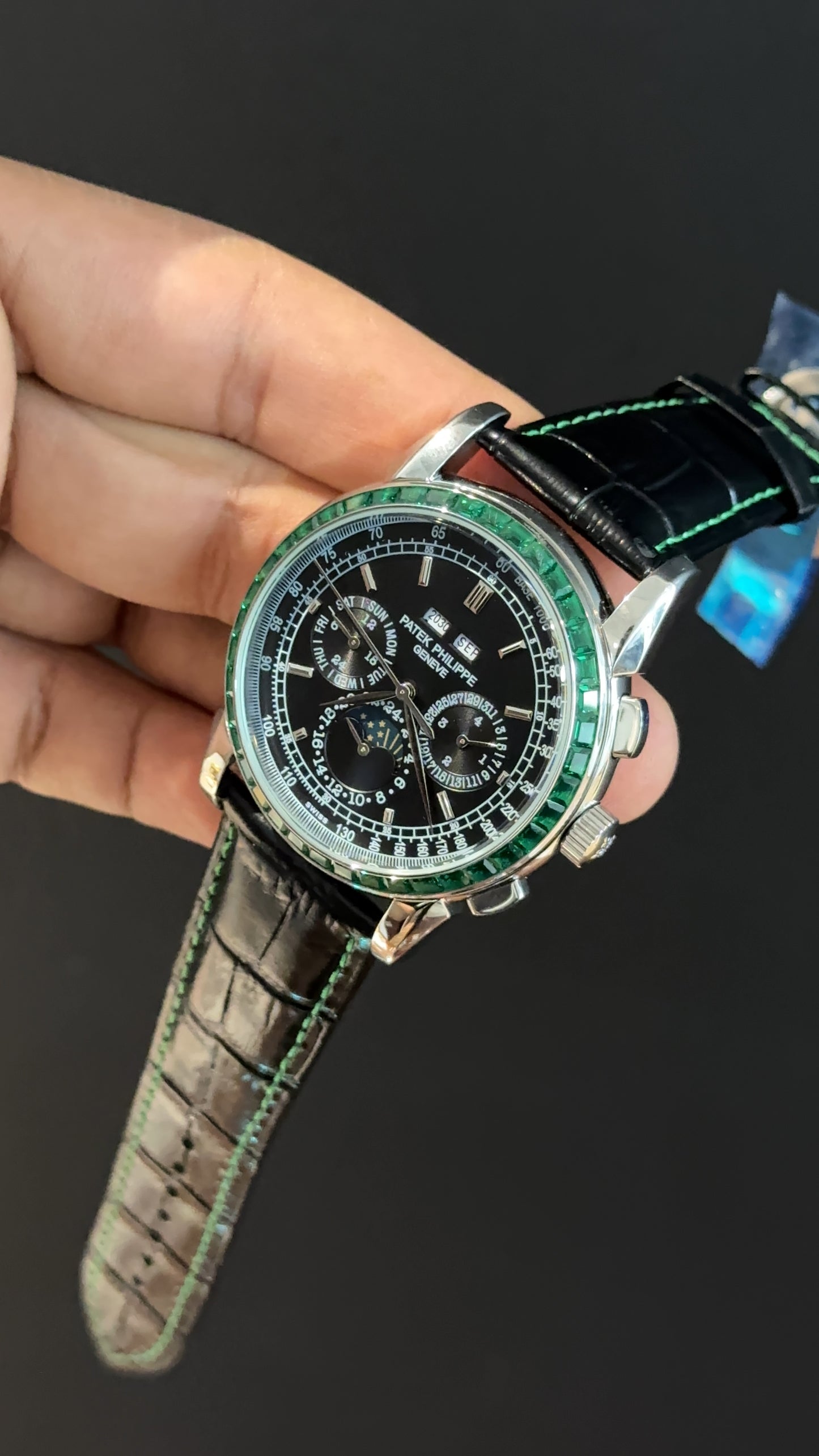 Patek Century | Auto | Silver | Diamond Bezel | DayDate | Black Leather Strap | Black Dial
