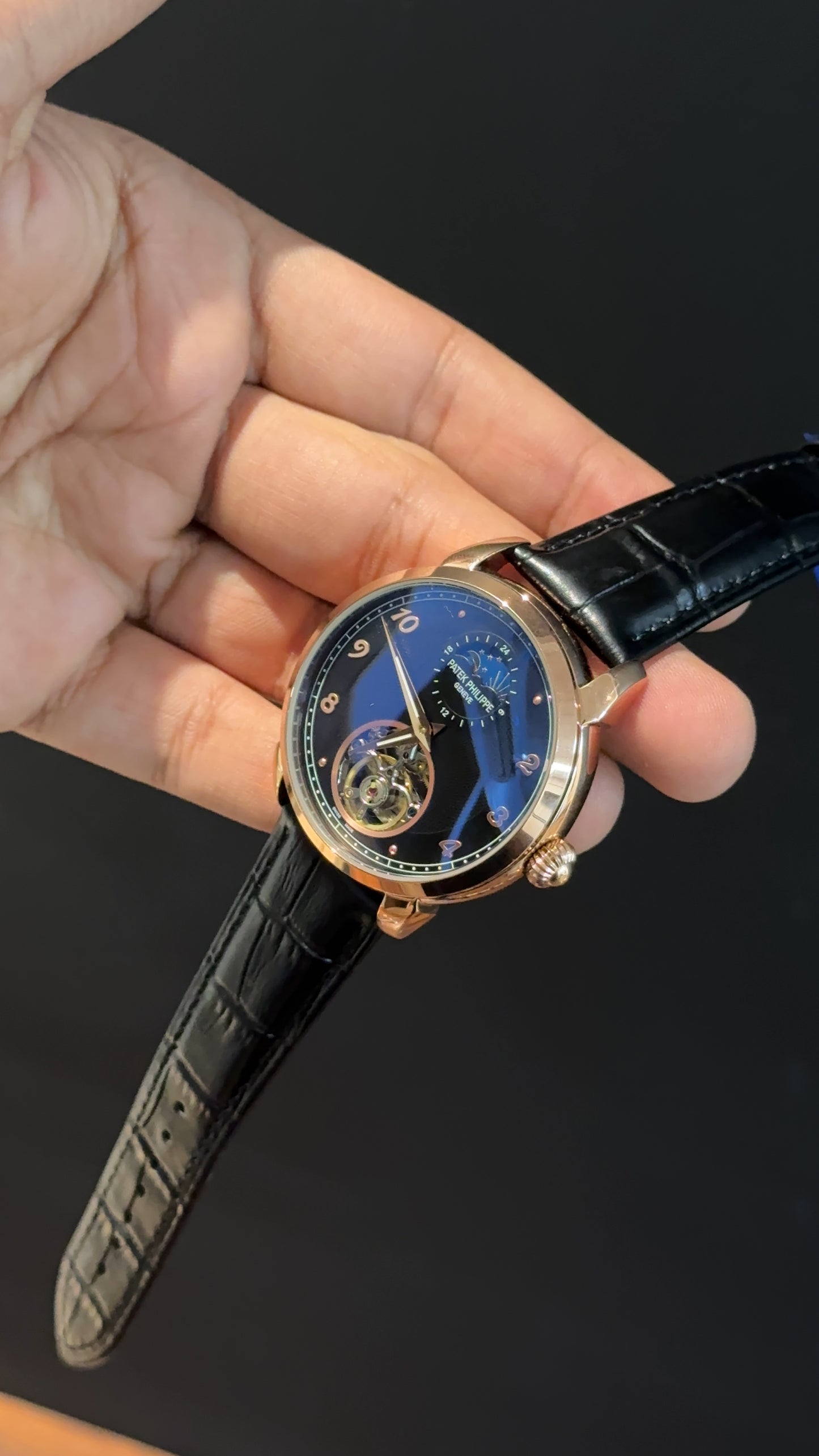 PP Auto | Rose | Pendulum | Moonphase | Black Leather Strap  | Black Textured Dial
