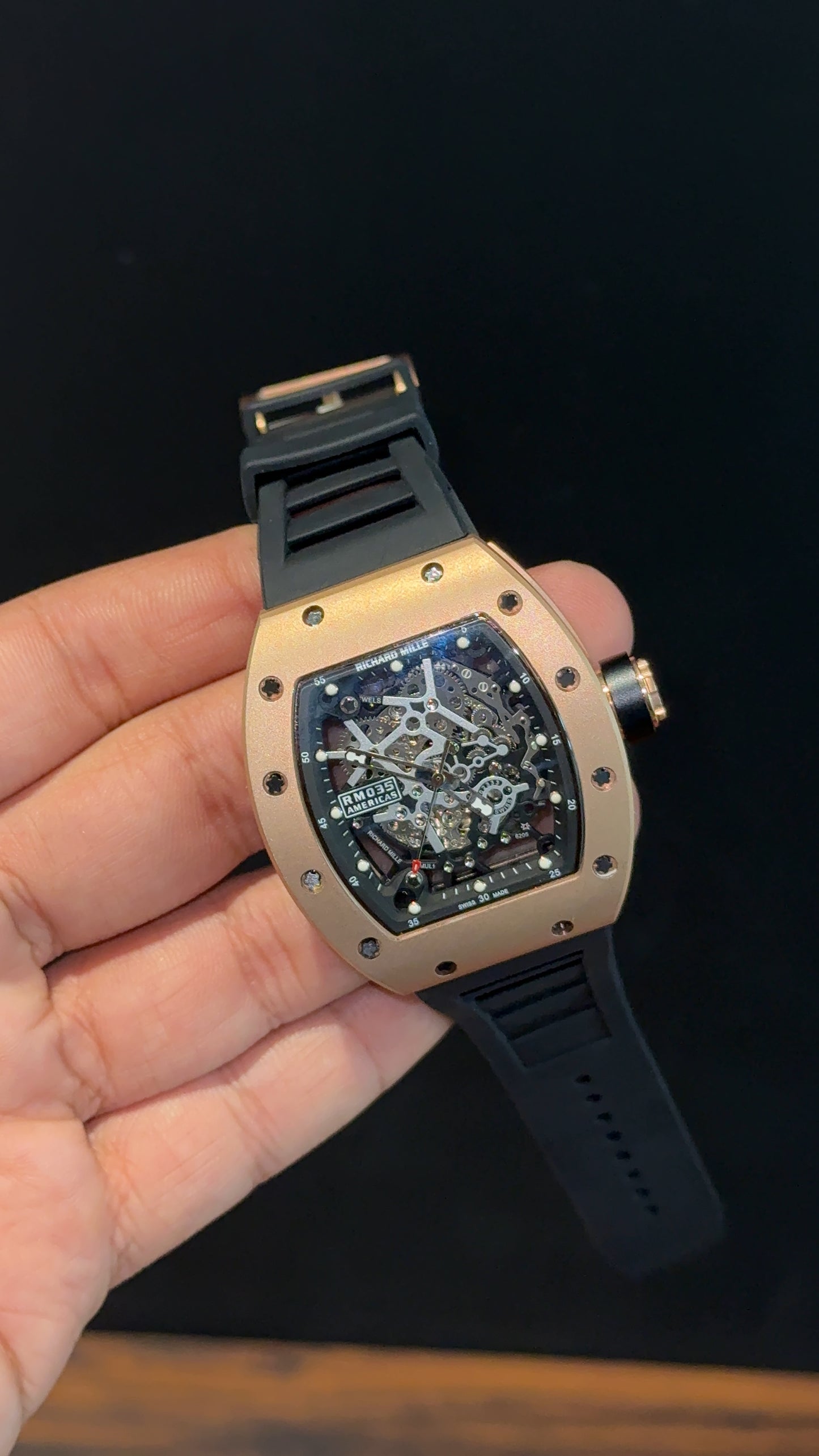Premium Richard Mille | Rose | RM 035 Edition | Black Strap | Skeleton | Black Dial