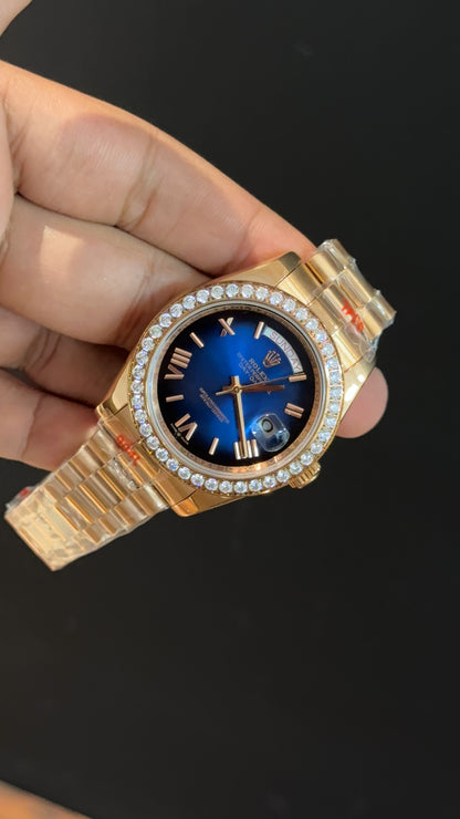 Daydate | Diamond Bezel | Rose Chain | Gradient Blue Dial