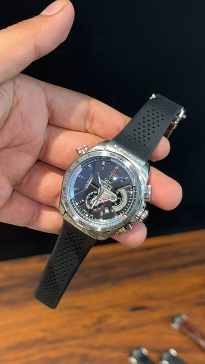 Tag Calibre 38 | Black Strap | Silver Bezel | Chrono | Black Dial