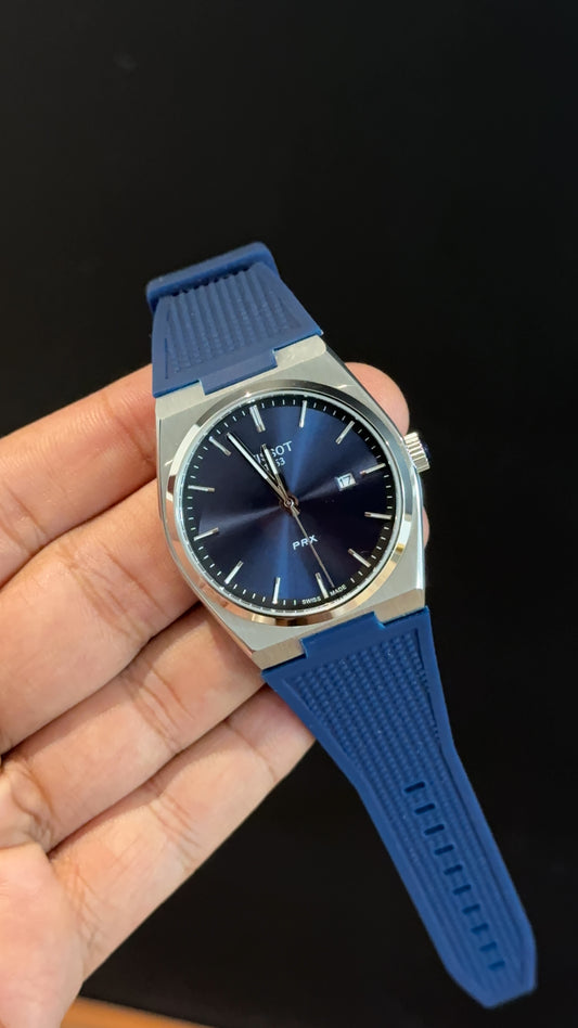 Tissot Prx | Silver Case | Blue Silcone Strap | Blue Plain Dial