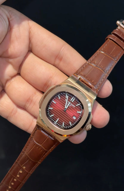 Pp Auto | Brown Leather Strap | Rose Case | Gradient Red Dial