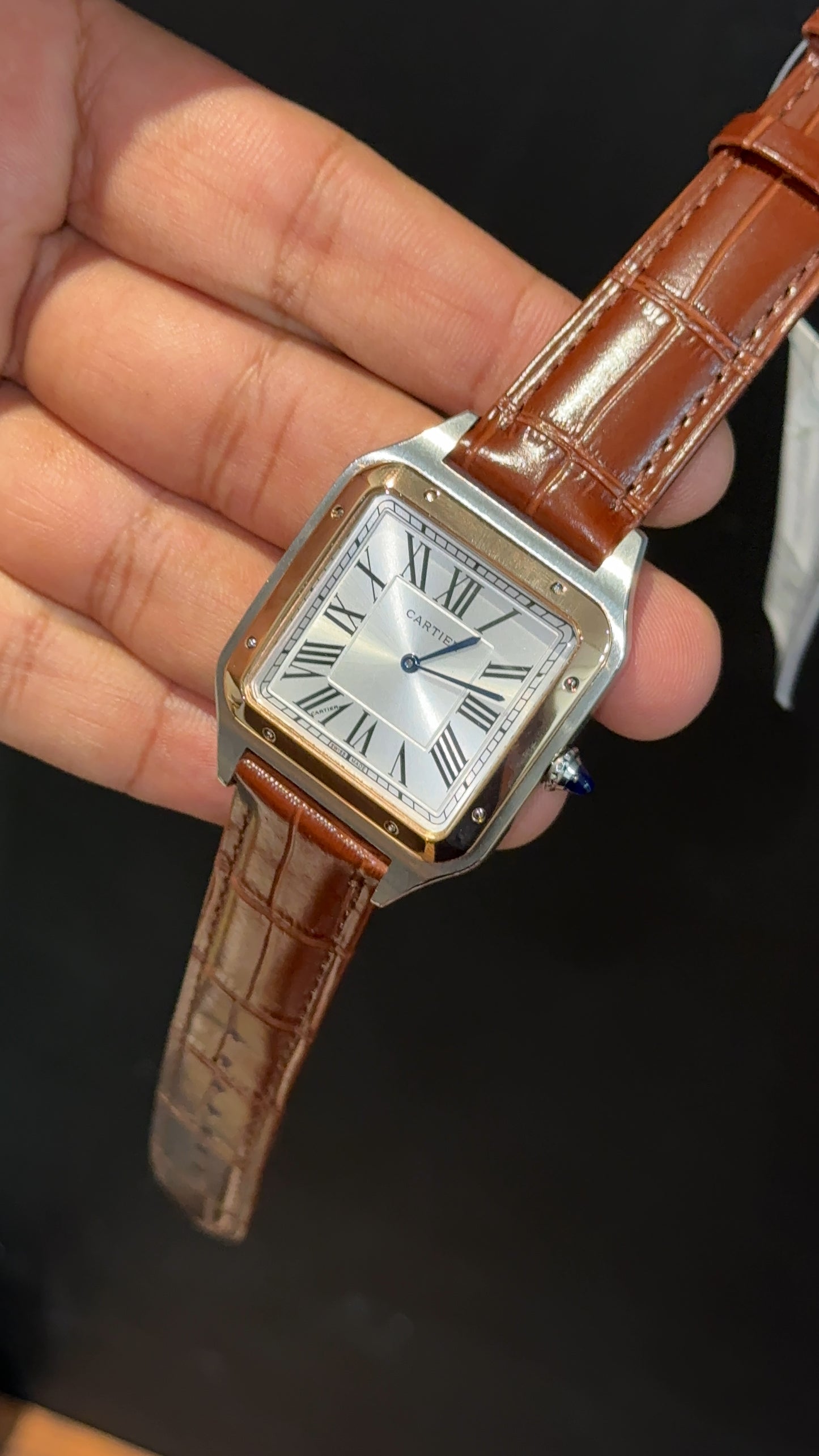 Cartier Santos | Rose Two Tone Case | Brown Dumont Strap | White Dial