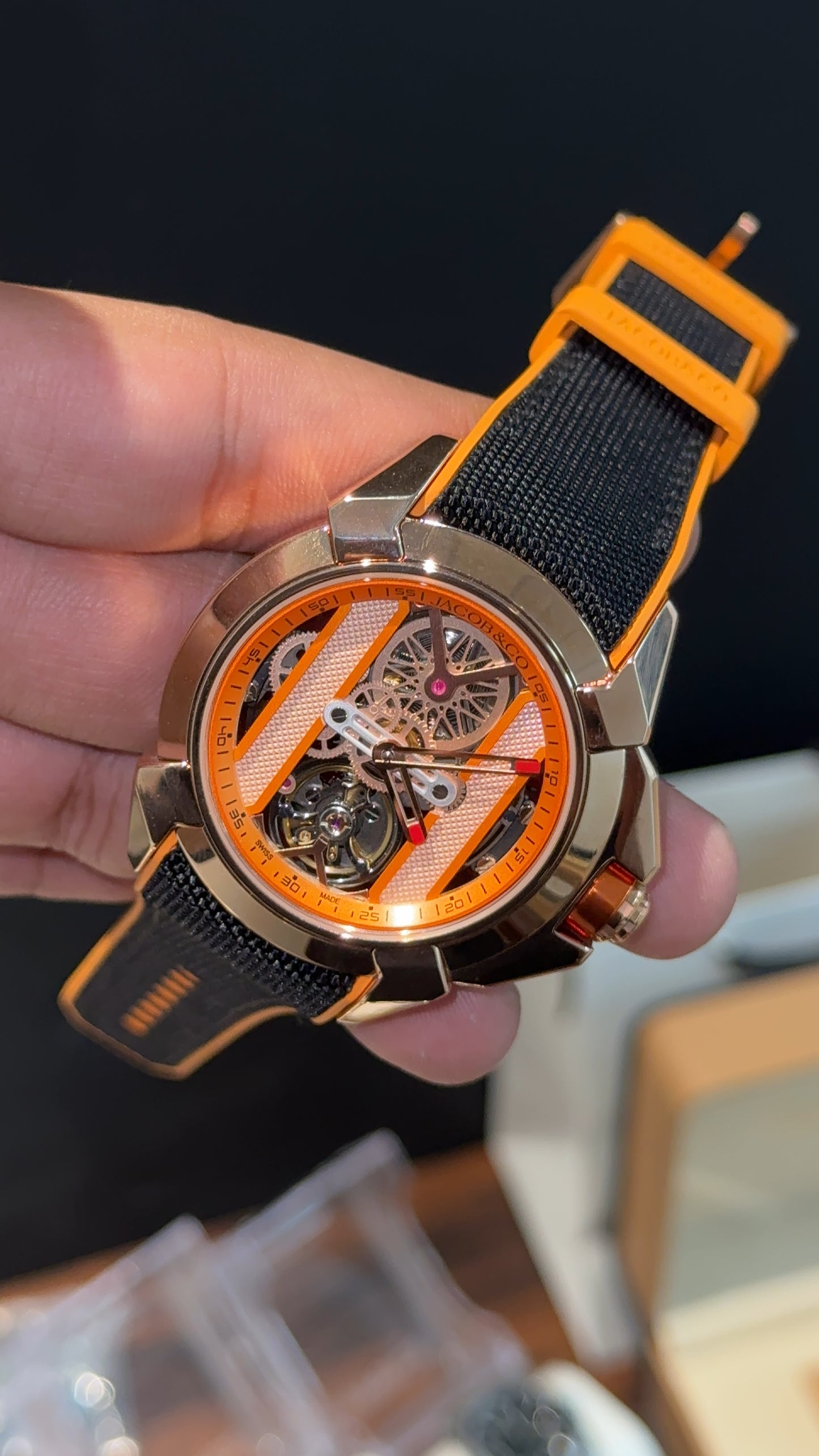 Executive Jacob and Co | Rose Bezel | Black Strap With Orange Accent | Mens Mechanical Epic | Black Dial