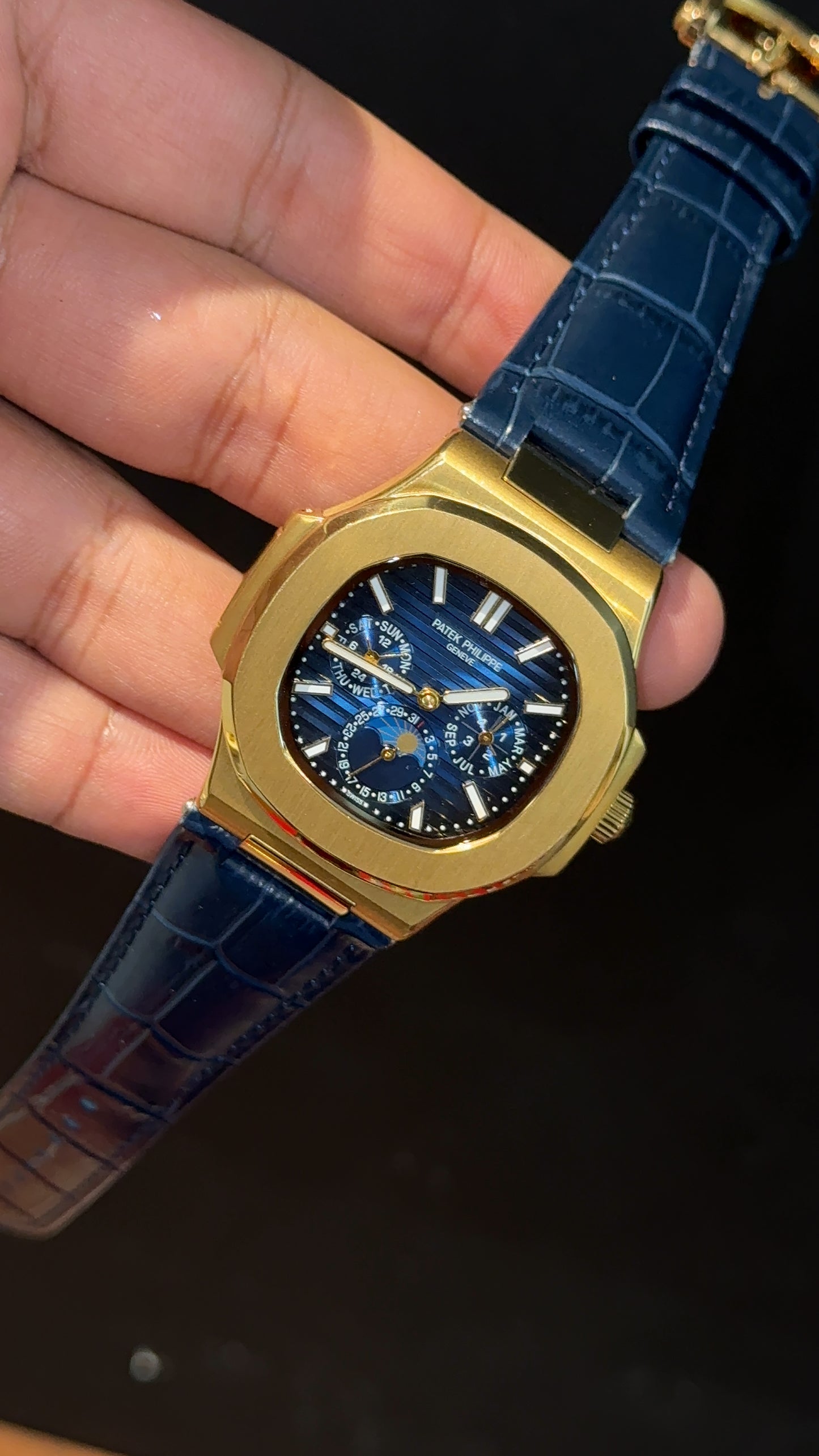 Pp Auto | Moonphase | Chrono | Gold Case | Blue Leather Strap | Blue Dial