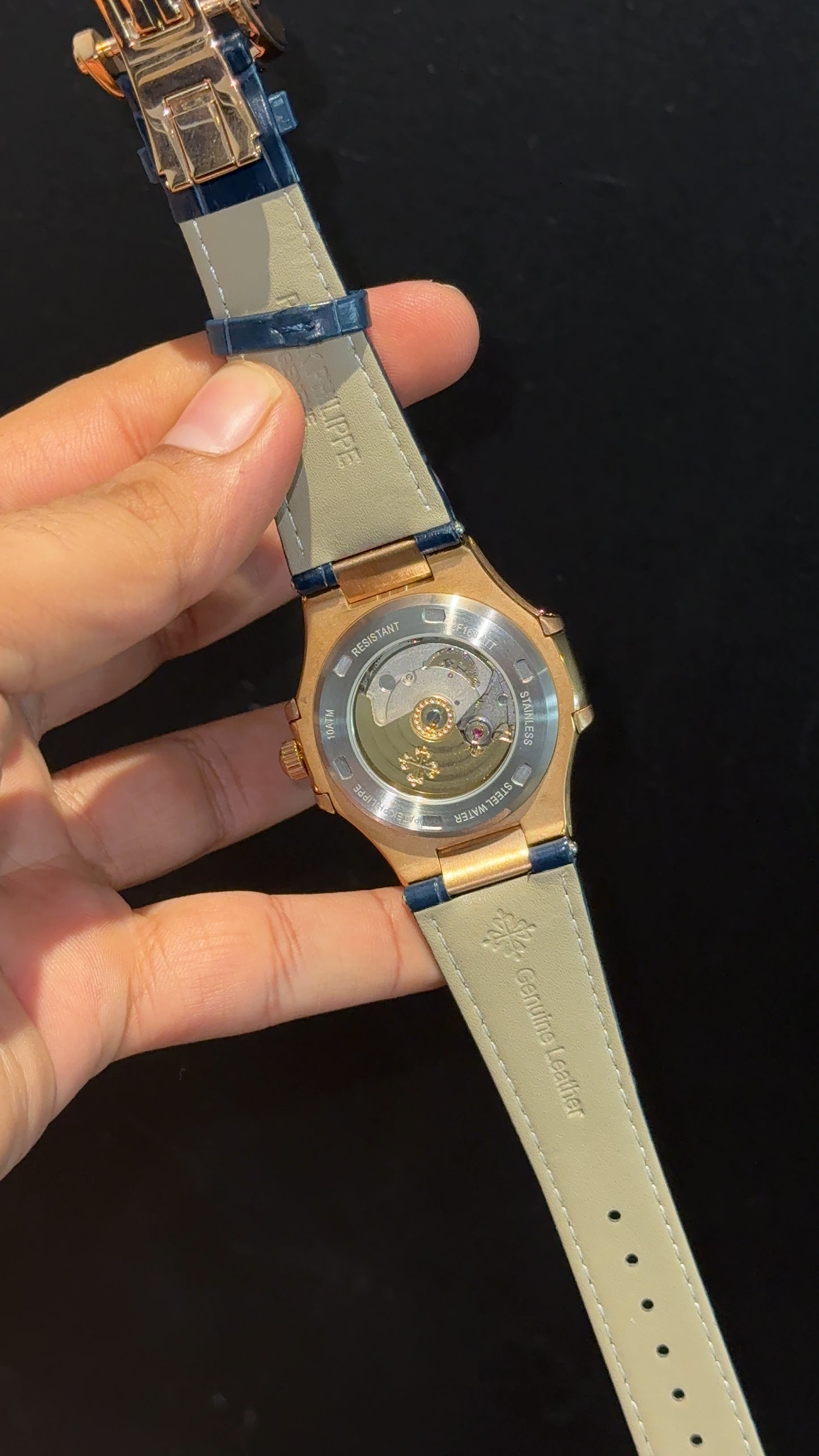 Pp Auto | Moonphase | Chrono | Rose Case | Blue Leather Strap | Purplish Dial