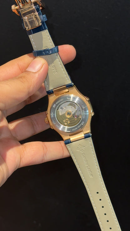 Pp Auto | Moonphase | Chrono | Rose Case | Blue Leather Strap | Purplish Dial