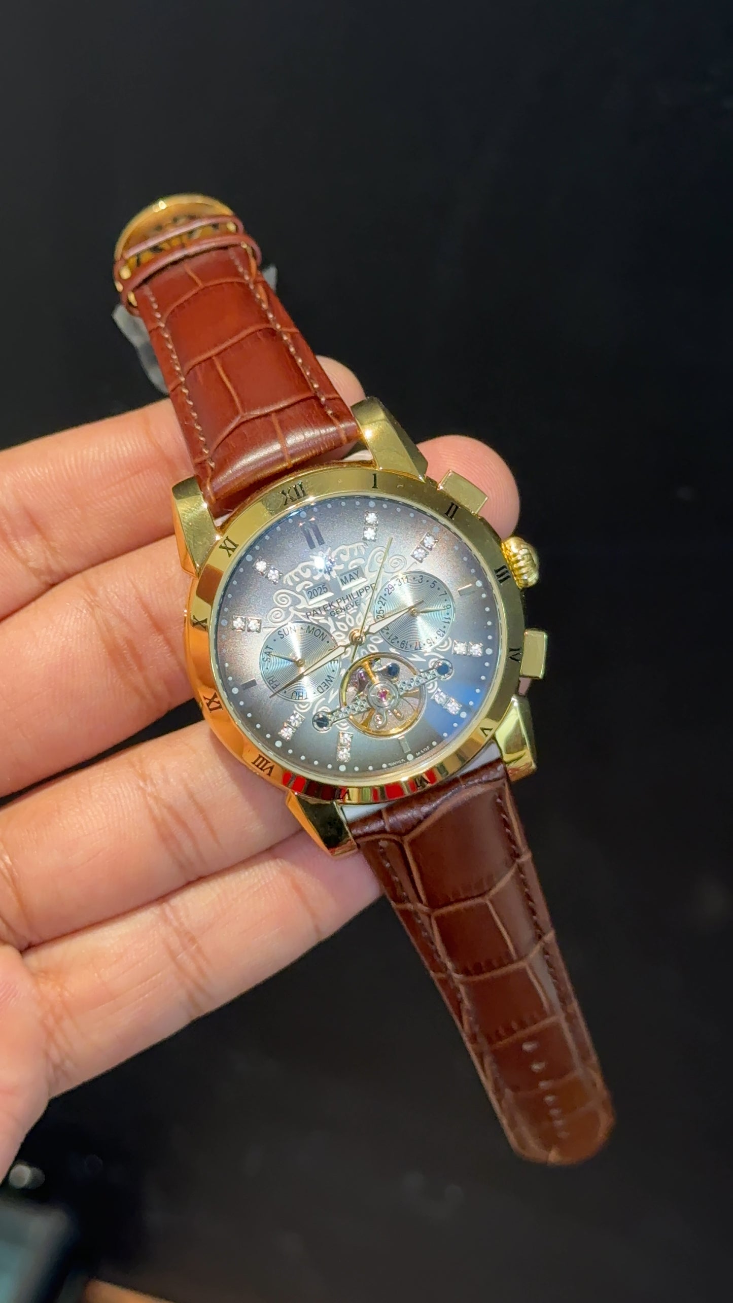 Patek Century | Auto | Gold Plain Case | Pendulum | Gradient Grey Dial | Brown Leather Strap - twentyfour