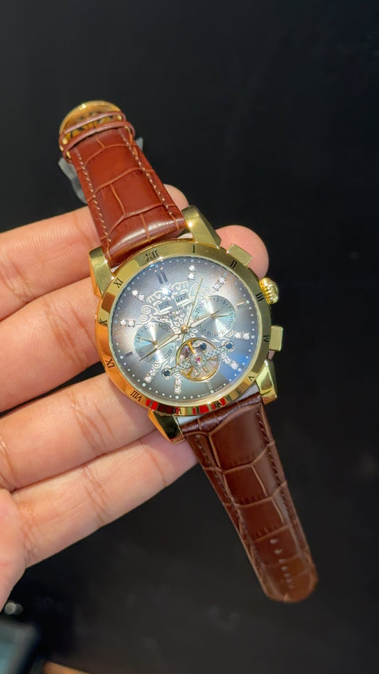 Patek Century | Auto | Gold Plain Case | Pendulum | Gradient Grey Dial | Brown Leather Strap - twentyfour