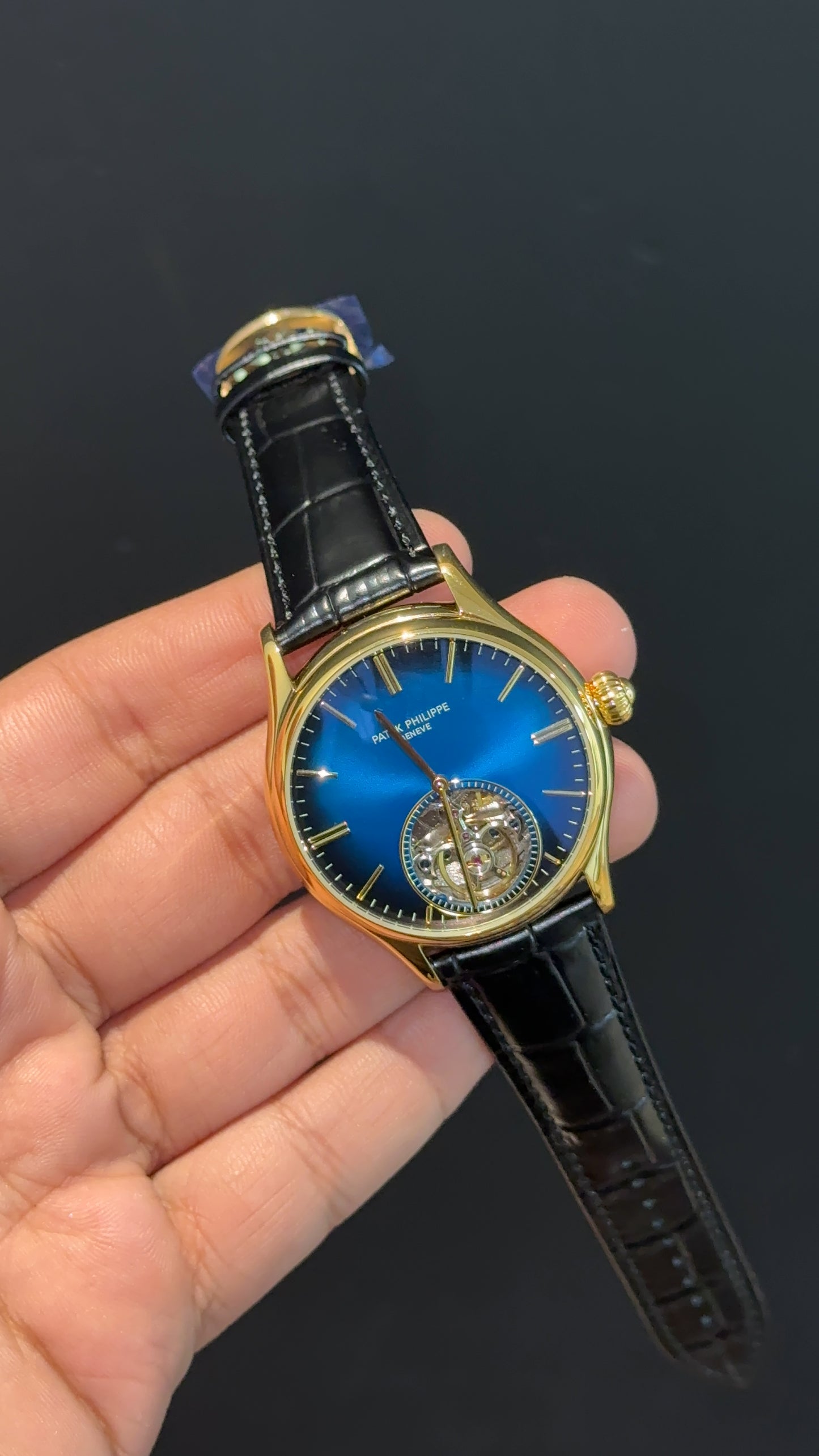 Patek Auto | Gold | Black Leather Strap | Pendulum | Gradient Blue Dial