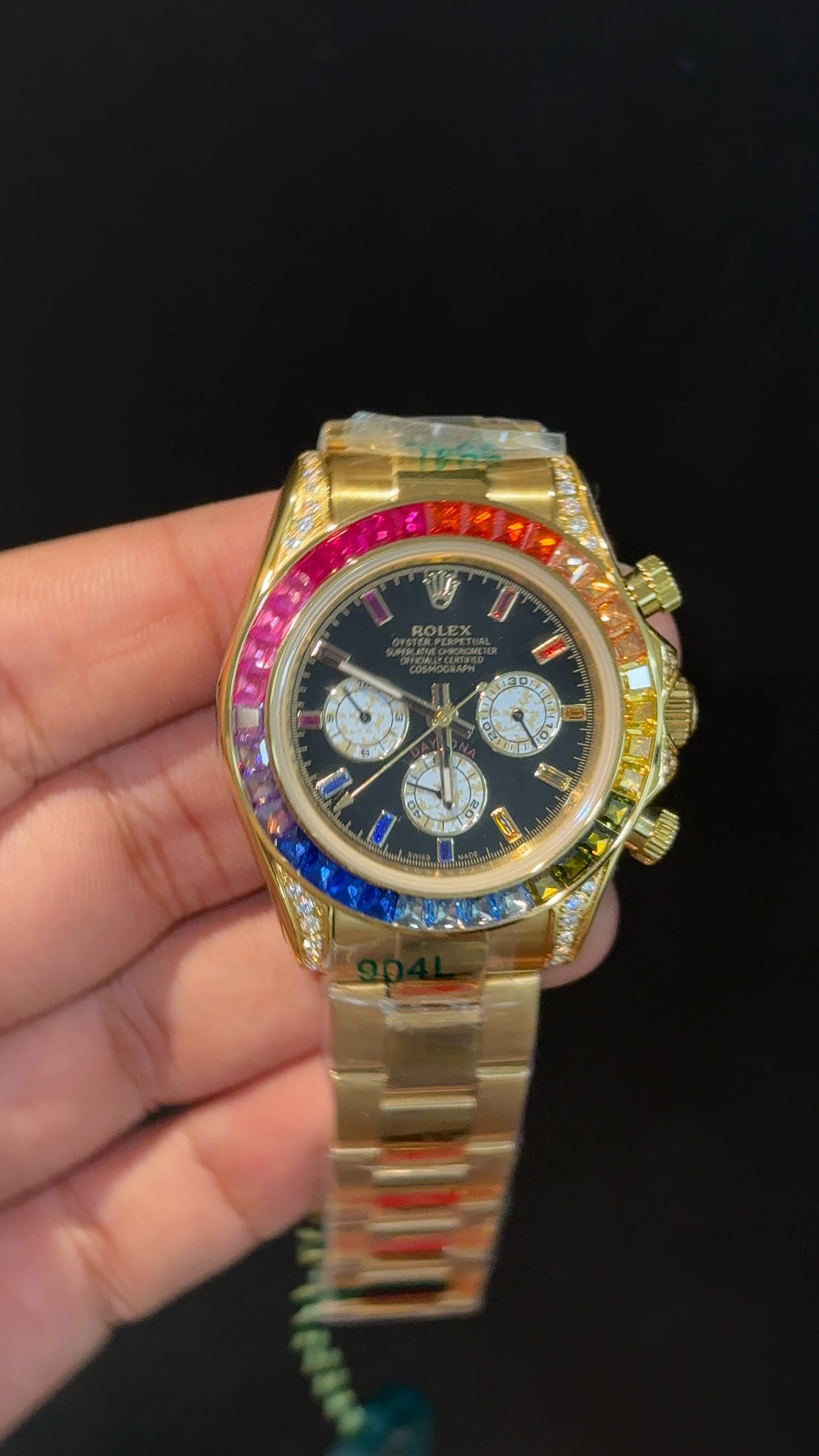 Daytona | Rainbow Diamond Bezel | Gold Chain | White Chrono | Black Dial