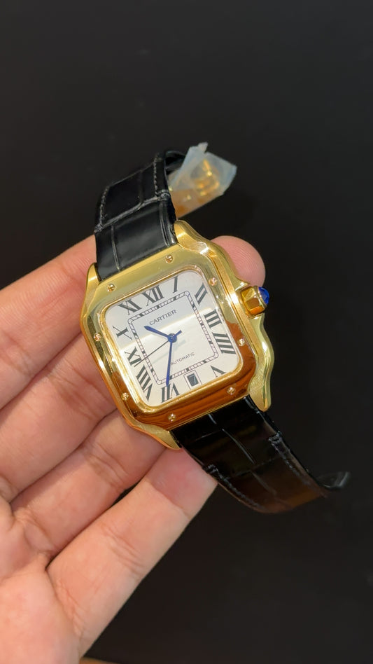 Cartier | Gold Case | Black Leather Strap | White Dial