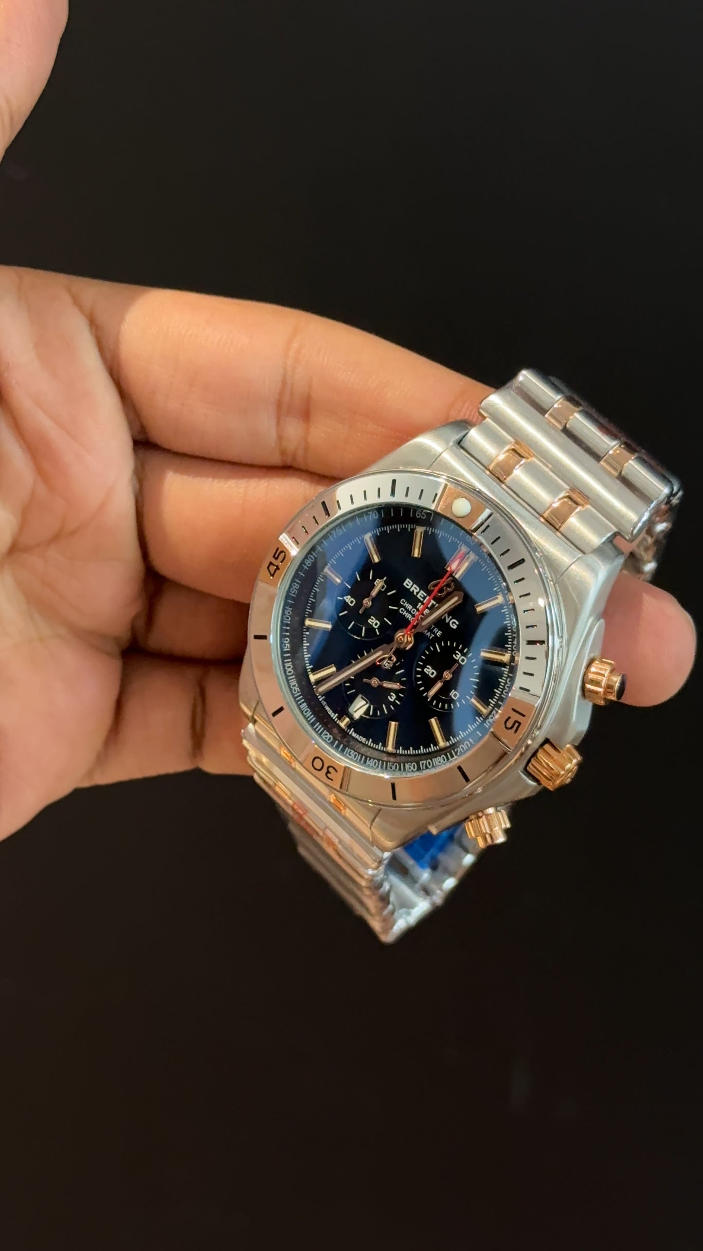 Brietling | Rose Two Tone Chronomat | Black Chrono | Blue  Dial