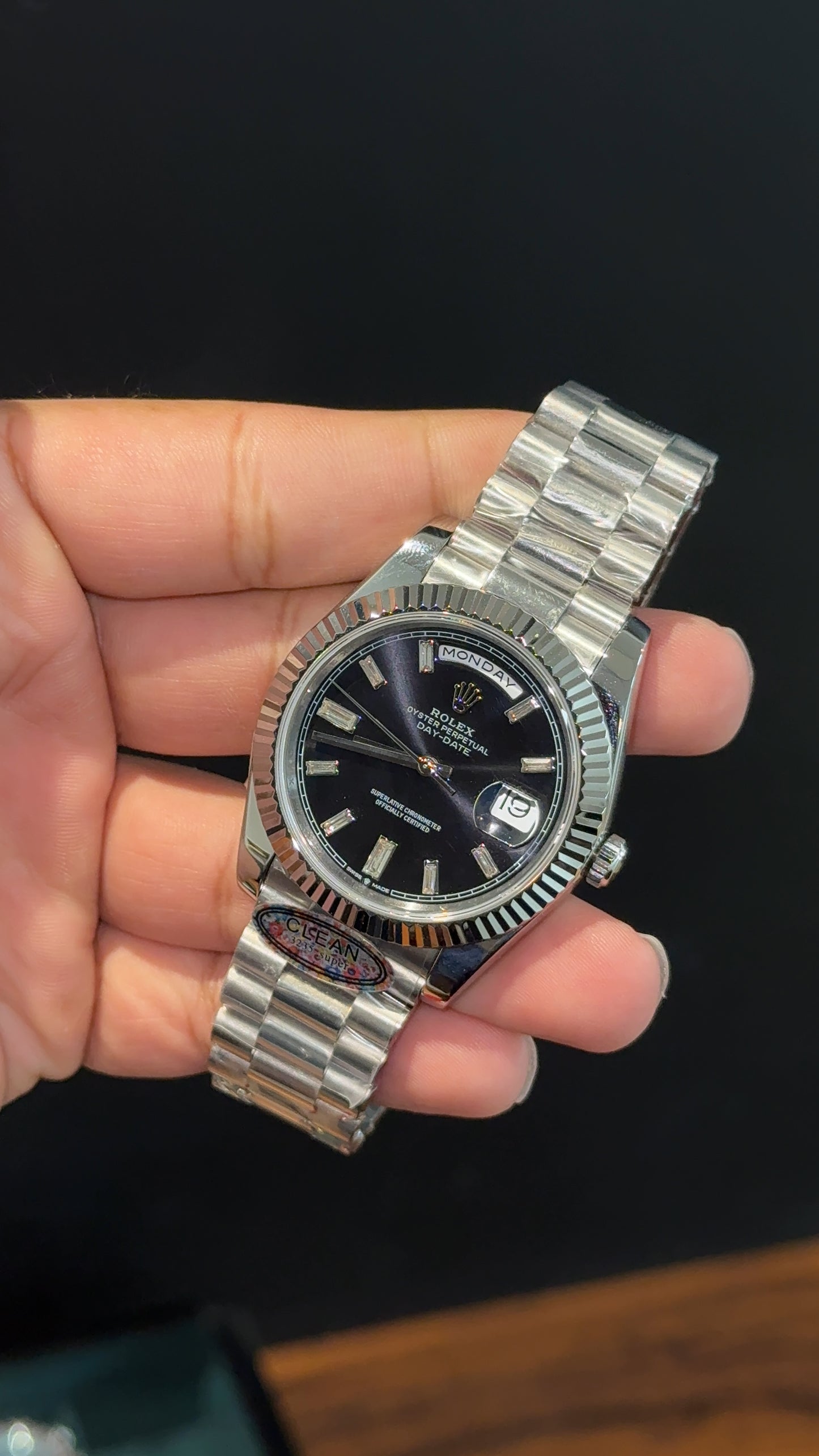 Premium DayDate | Silver Chain | Pearl Digits | Black Dial