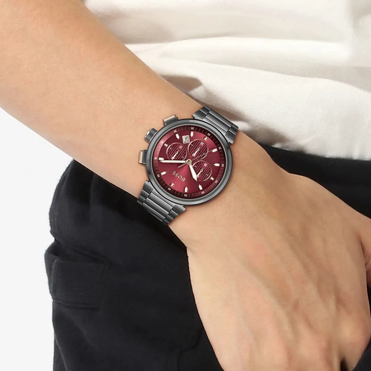 Hugo Boss Men’s Chronograph Quartz Gunmetal Stainless Steel Red Dial 44mm 1514000 - twentyfour