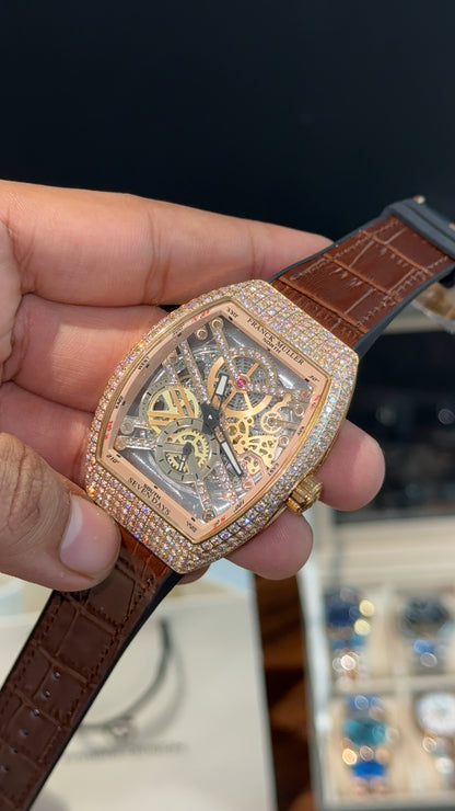 Premium Franck Muller | Curvex Skeleton | Rose Case | Brown Leather Strap | Rose Pearl Dial