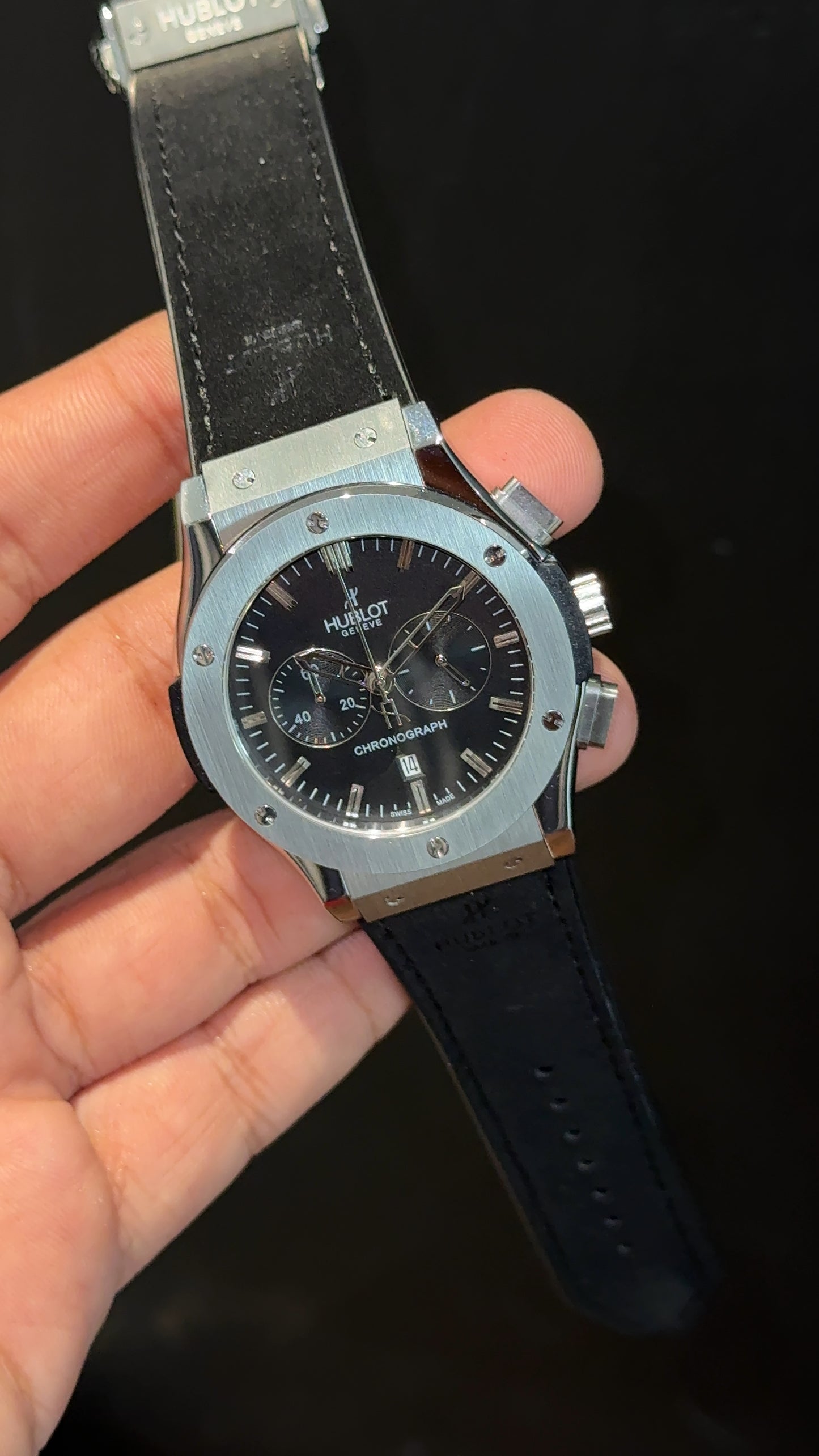 Hublot Auto | Silver Case | Chrono | Black Strap | Black Dial