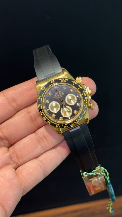Daytona | Gold | Black Pvc Strap | Gold Chrono | Diamond Digit | Black Dial