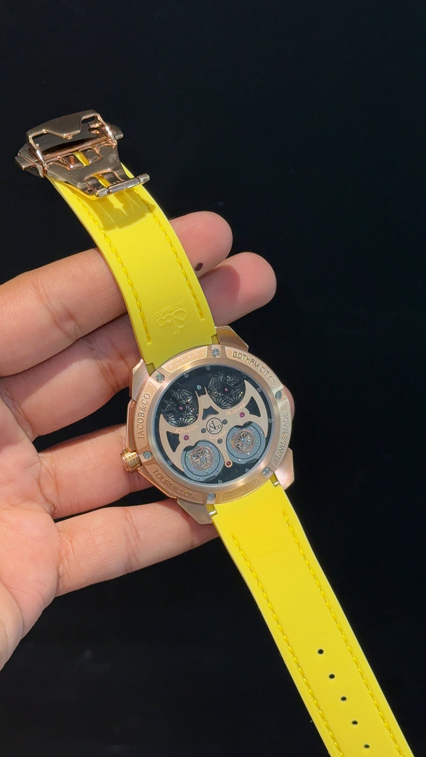 Executive Jacob And Co | Rose Case | Gotham City Edition | Black Yellow Strap | Black Dial