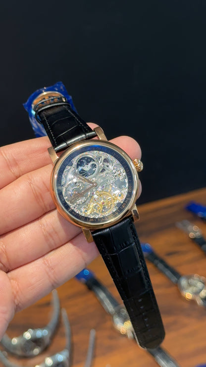 Patek Rose | Black Leather Strap | MoonPhase | Pendulum | Grey Machine | Grey Dial