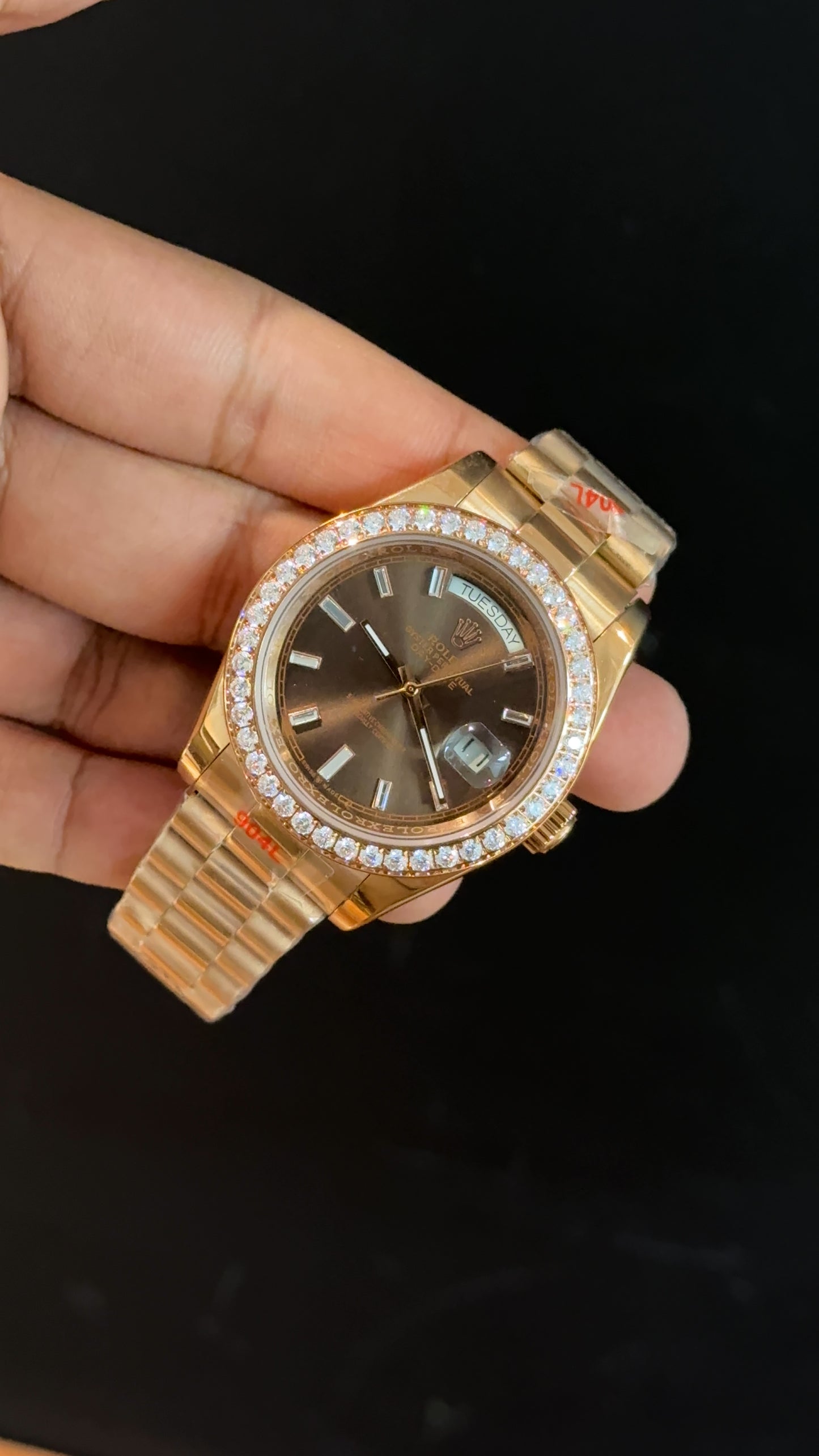 Daydate | Diamond Bezel | Rose Chain | Pearl Digit Brown Dial