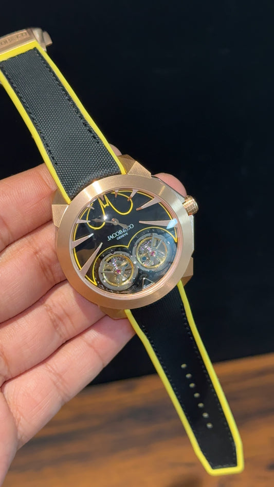 Executive Jacob And Co | Rose Case | Gotham City Edition | Black Yellow Strap | Black Dial