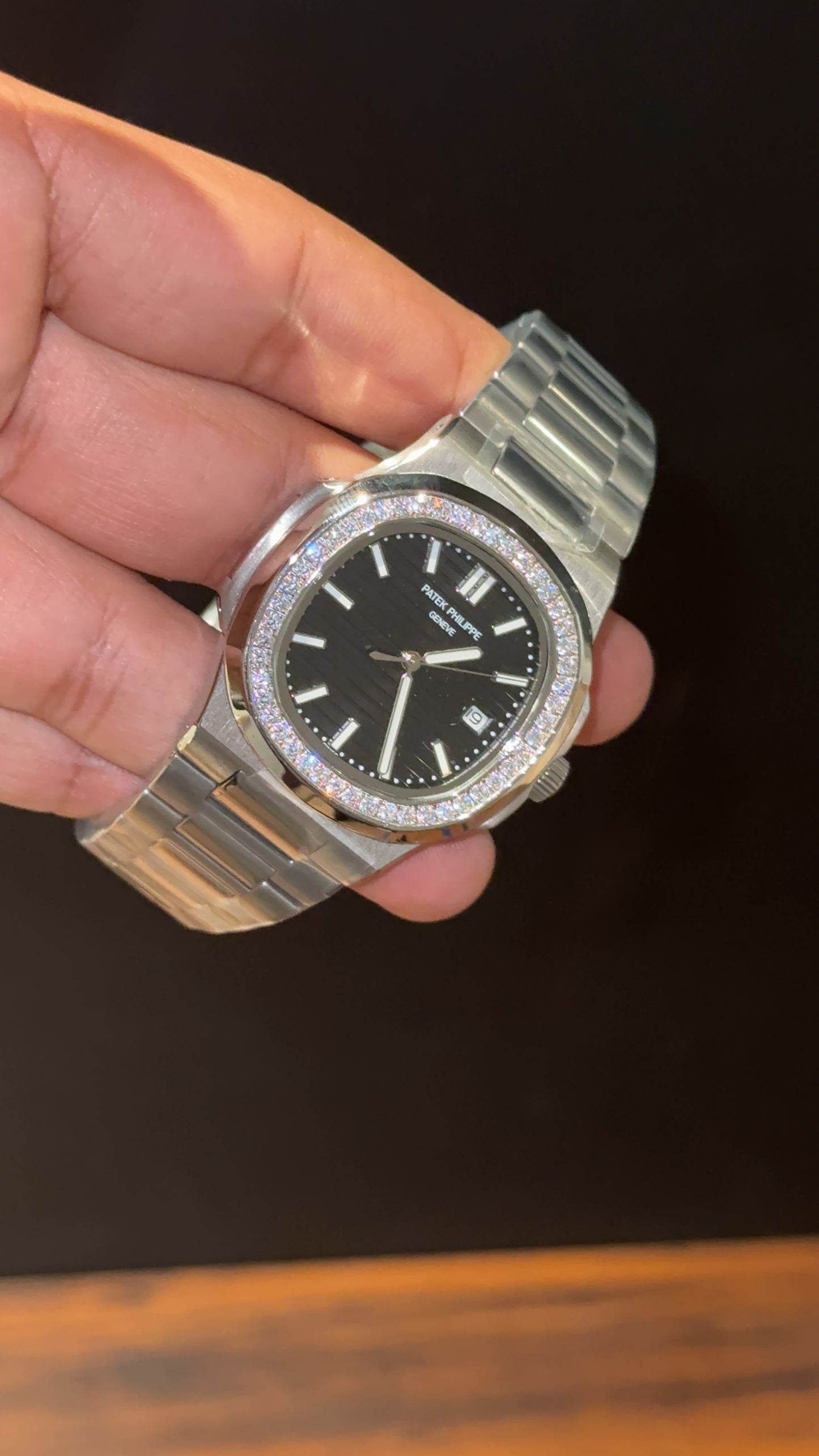 Pp Auto | Silver Chain | Silver Diamond Bezel | Black Dial