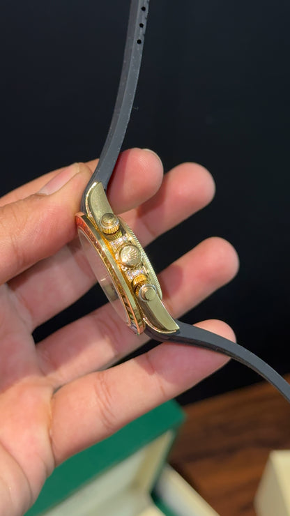 Daytona Gold | Rainbow Diamond Case | Black Pvc Strap | Rainbow Digit | Chrono | Gold Pearl Dial