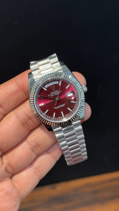 Premium Daydate | Silver Chain | Red Cheery Dial