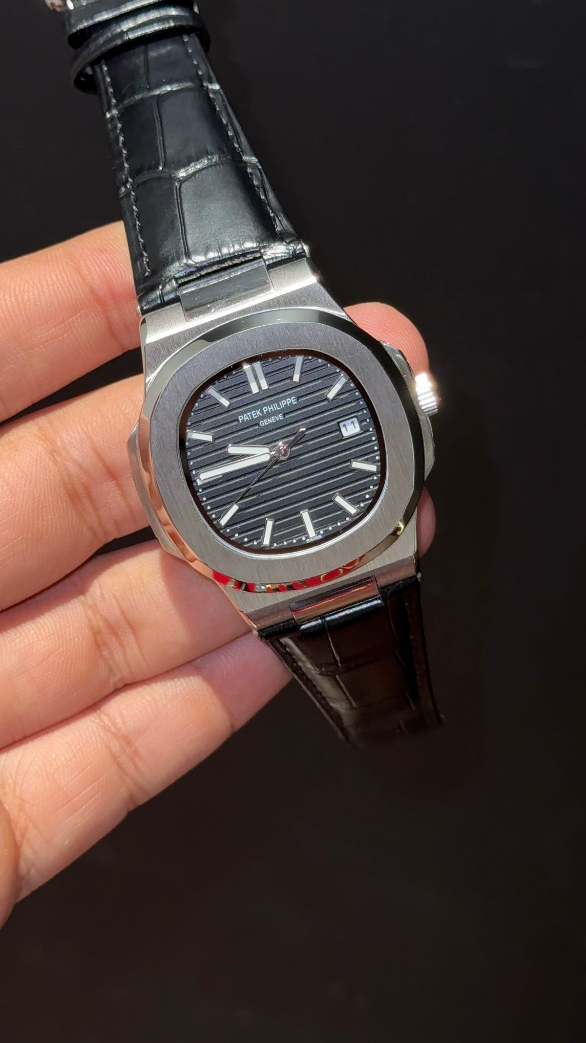 Pp Auto | Silver Bezel | Black Dial | Black Leather Strap