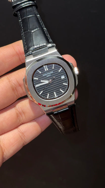 Pp Auto | Silver Bezel | Black Dial | Black Leather Strap