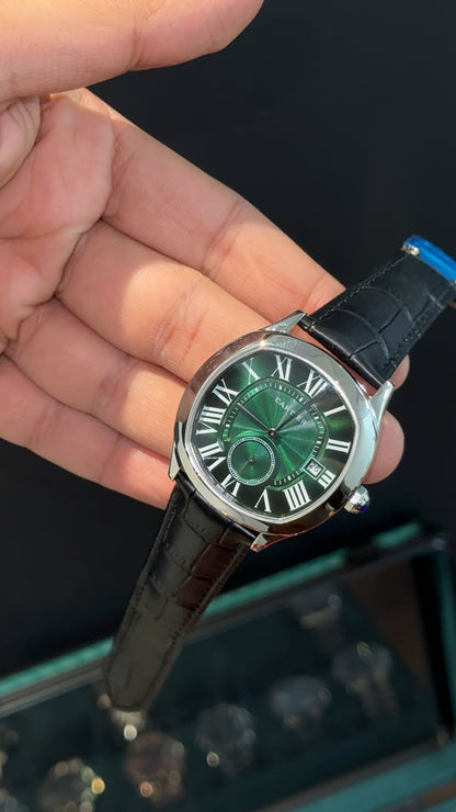 Cartier Silver | Black Leather Strap | FlyBack Second | Green Roman Dial