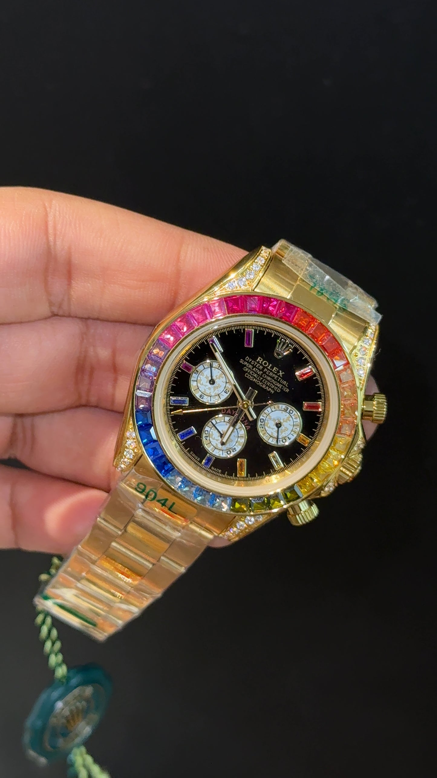 Daytona | Rainbow Diamond Bezel | Gold Chain | White Chrono | Black Dial