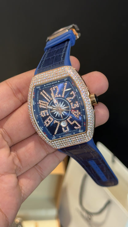 Premium Franck Muller | Vanguard V45 Edition | Yachting Rose Diamond Case | Blue Leather Strap | Blue Dial