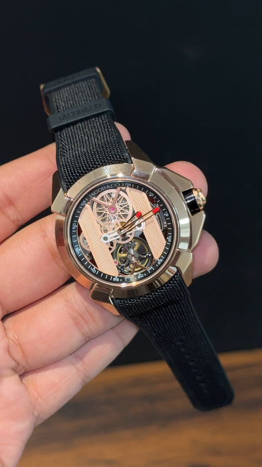 Jacob And Co | Rose Case | CR7 Edition | Black Leather Strap | Pendulum | Rose Machine Dial