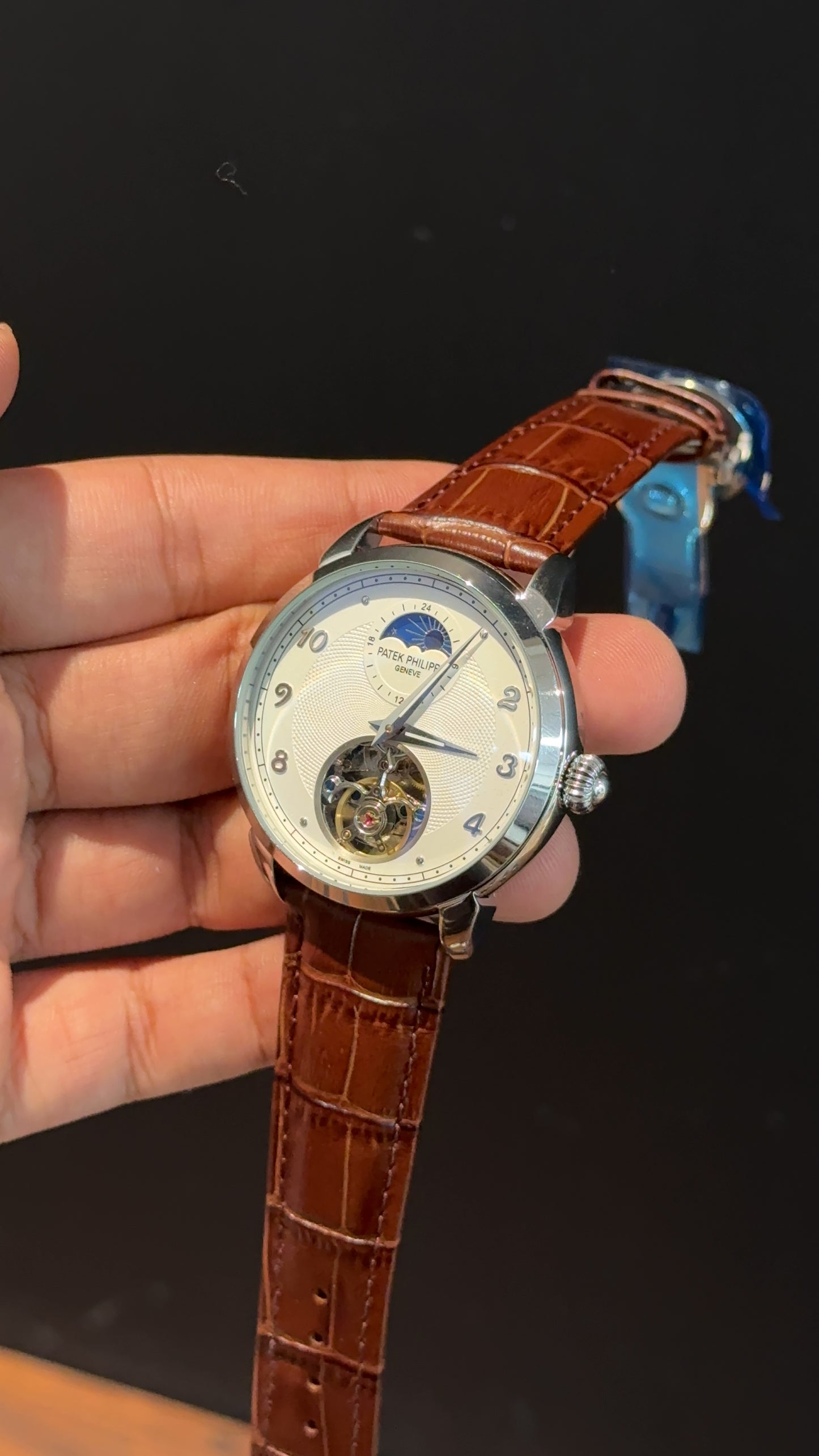 PP Auto | Silver | Pendulum | Moonphase | Brown Leather Strap | White Textured Dial